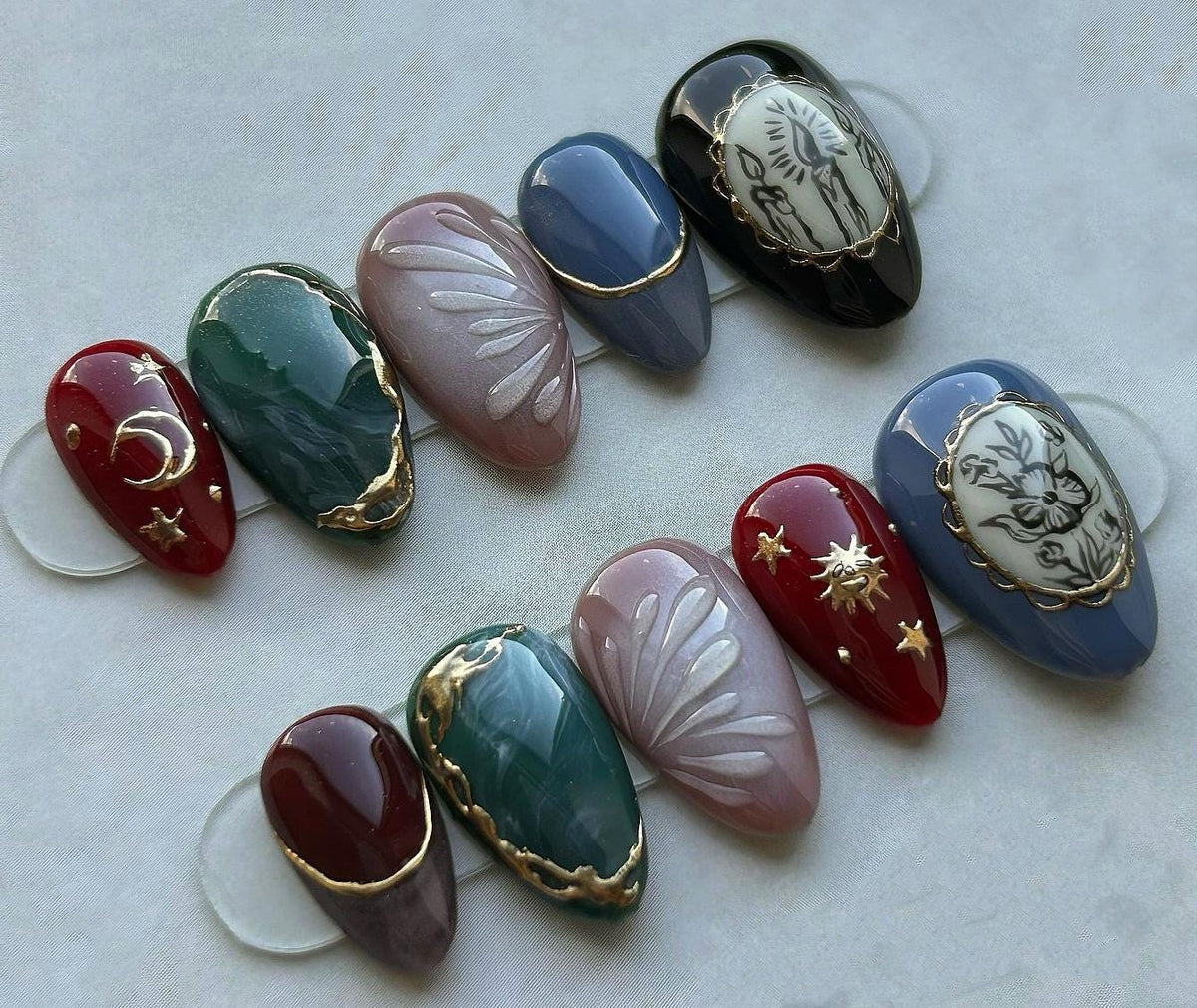 Gothic Cameo Press On Nails with Gold Details and Celestial Accents