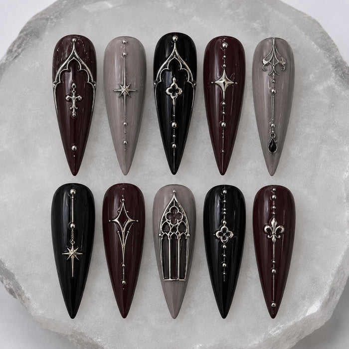 Gothic Cathedral Press On Nail Set in Burgundy, Black and Taupe Grey with Silver Details