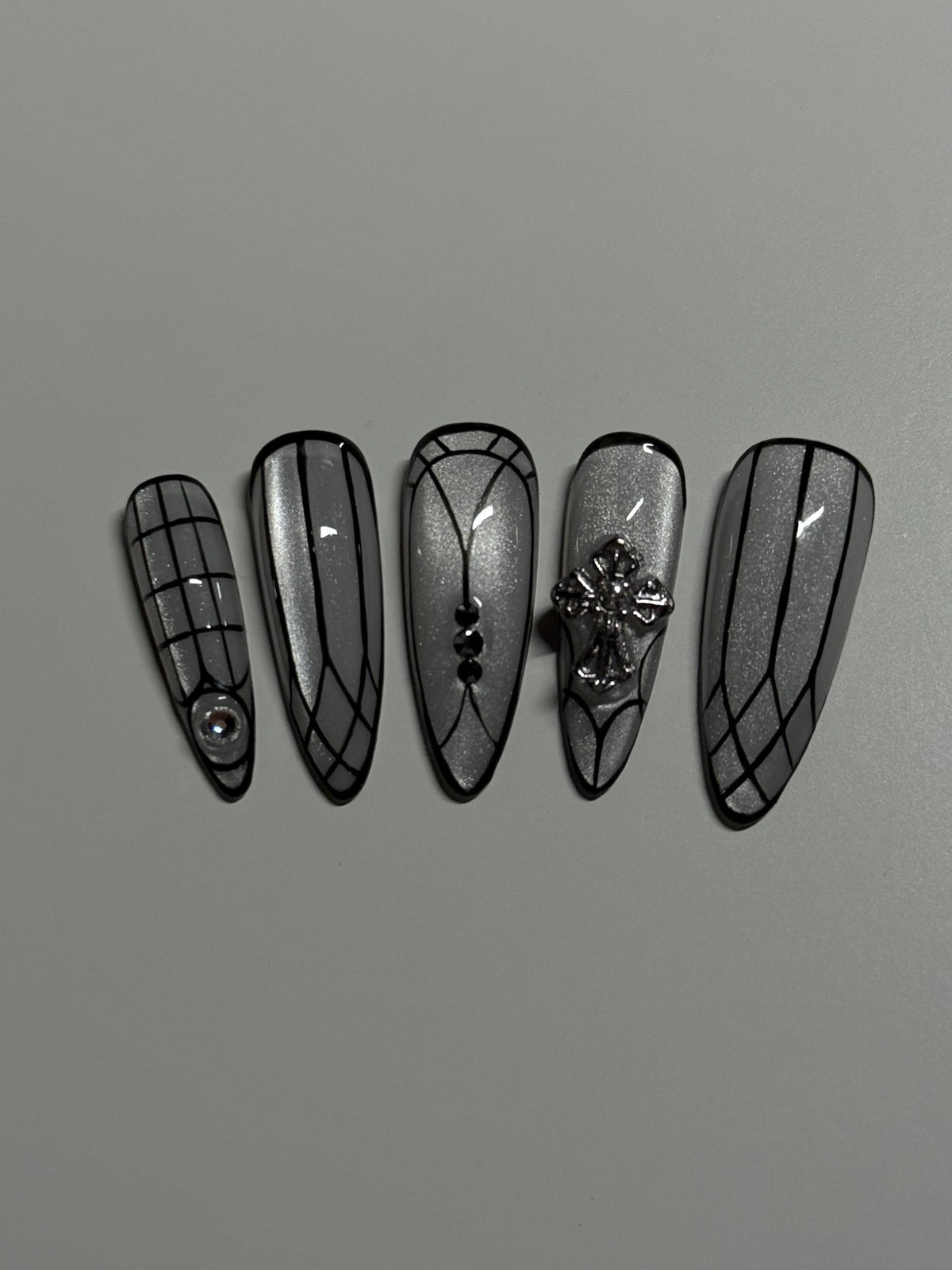 Gothic Cathedral Window Nails With Silver Cat-Eye Shimmer and Cross Charm