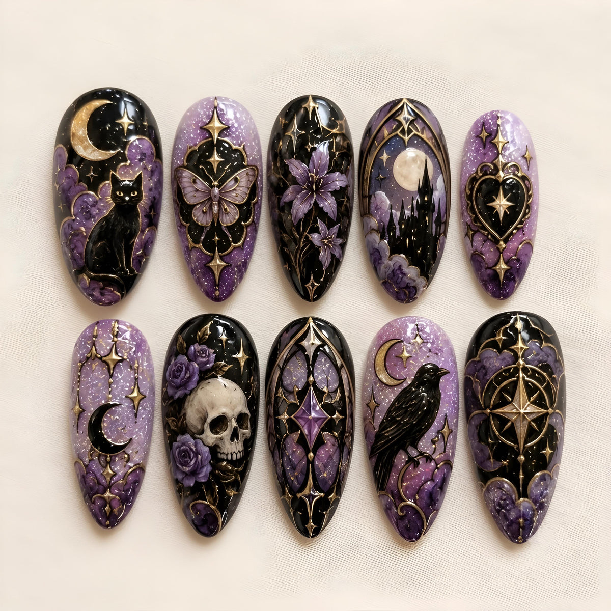 Gothic Celestial Black and Purple Nail Set With Gold Moons, Stars, Cats and Floral Details