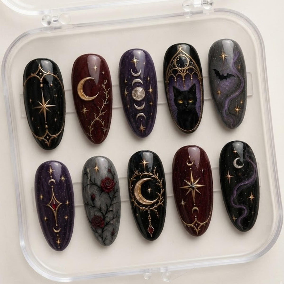 Gothic Celestial Cat Press-On Nails with Antique Gold Moons and Dark Roses