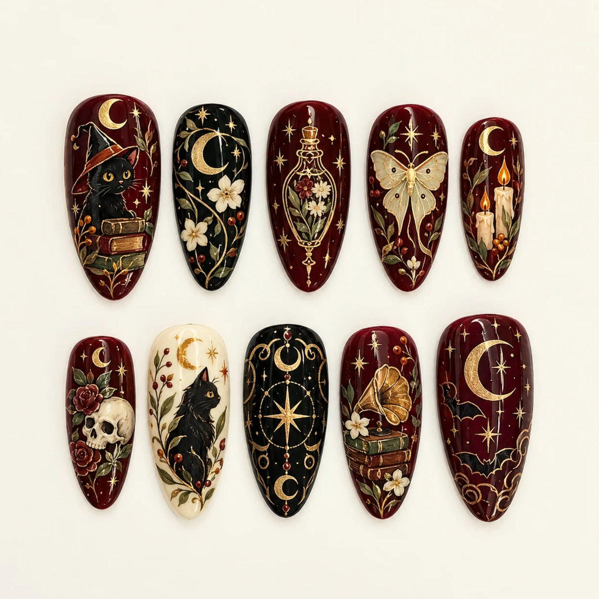 Gothic Celestial Nail Set With Moons, Stars, Cats, and Vintage Botanical Art