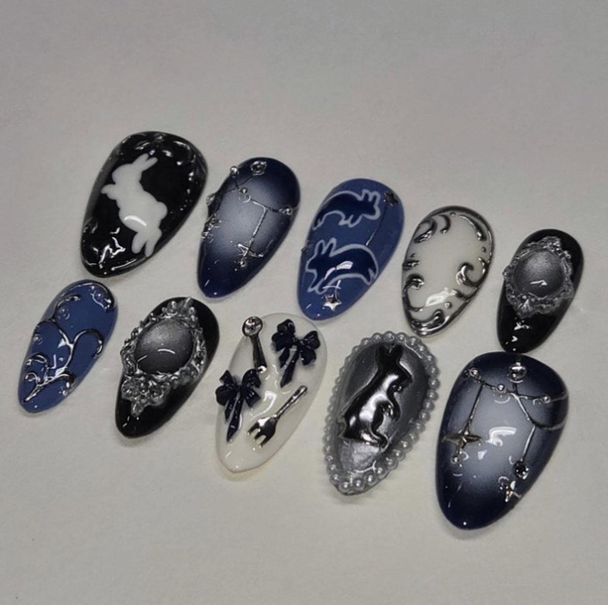Gothic Celestial Navy and Black Nails with Silver Bunny, Bows, and Ornate Frames