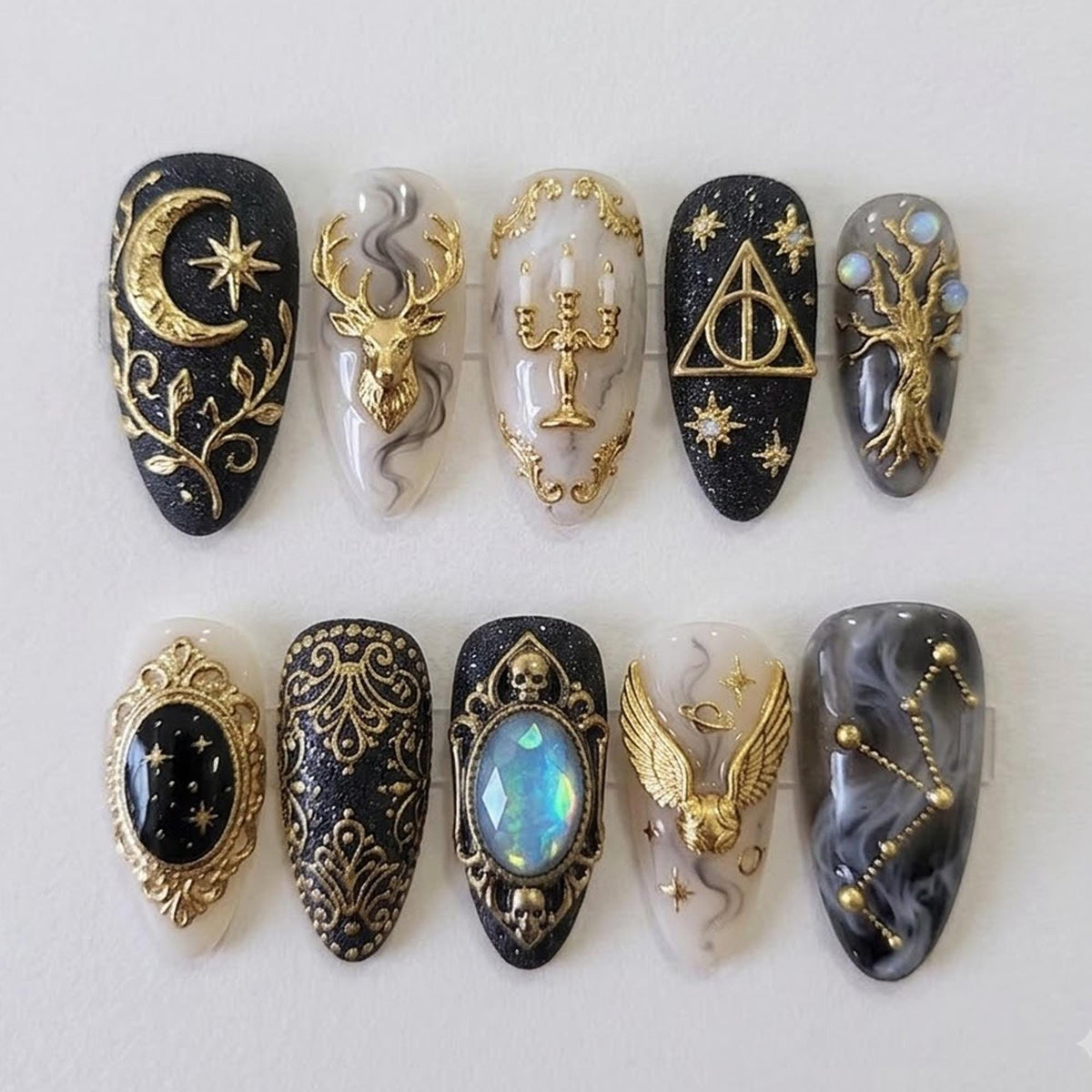 Gothic Celestial Press On Nails With Gold Moons, Stars, Deer and Ornate Details