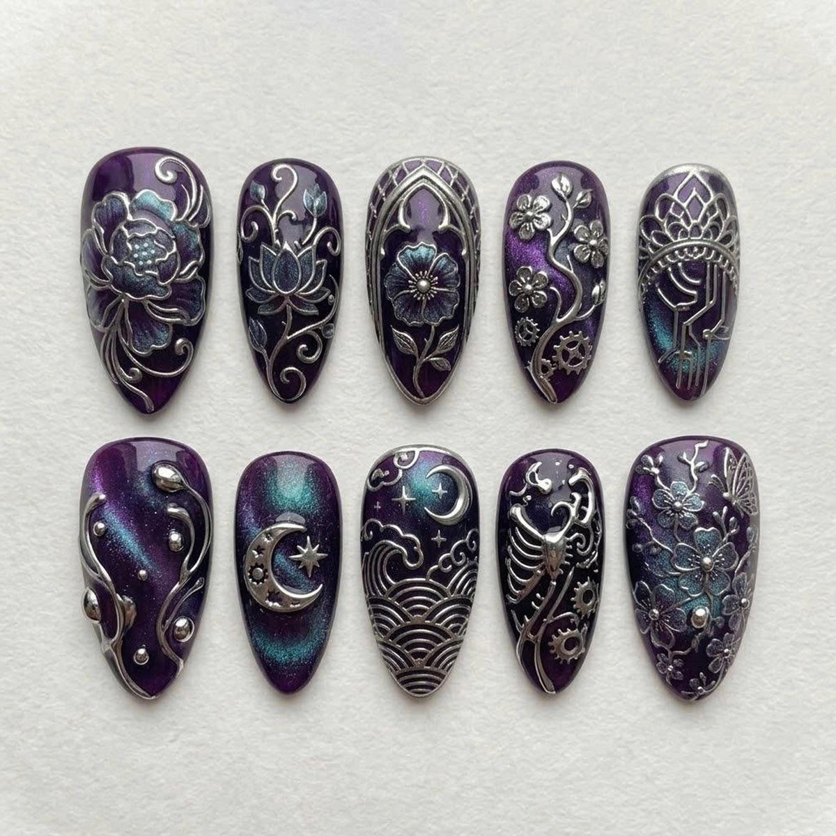 Gothic Celestial Purple and Black Filigree Nail Set