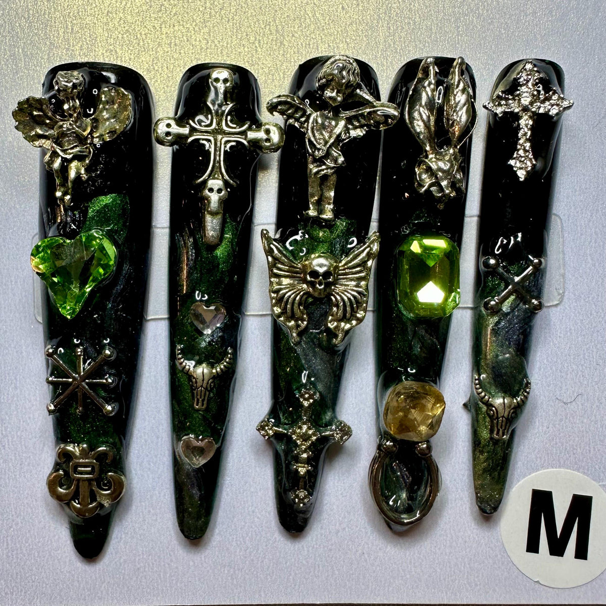 Gothic Charm Nail Set With Rhinestones and Metallic Details
