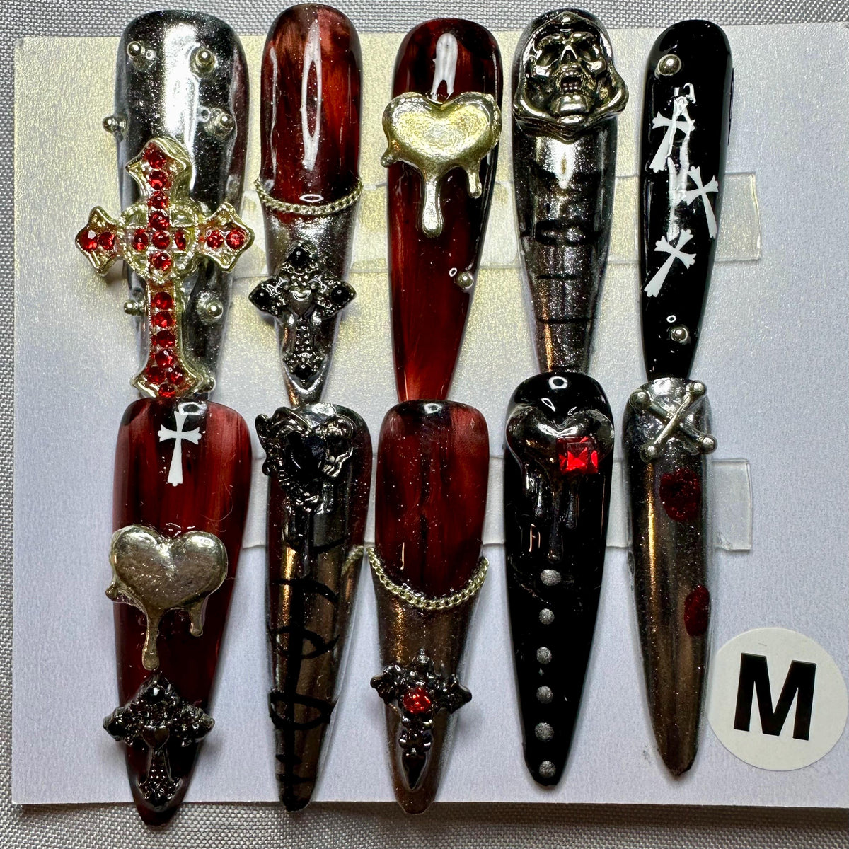 Gothic Charm Nail Set With Rhinestones and Metallic Details
