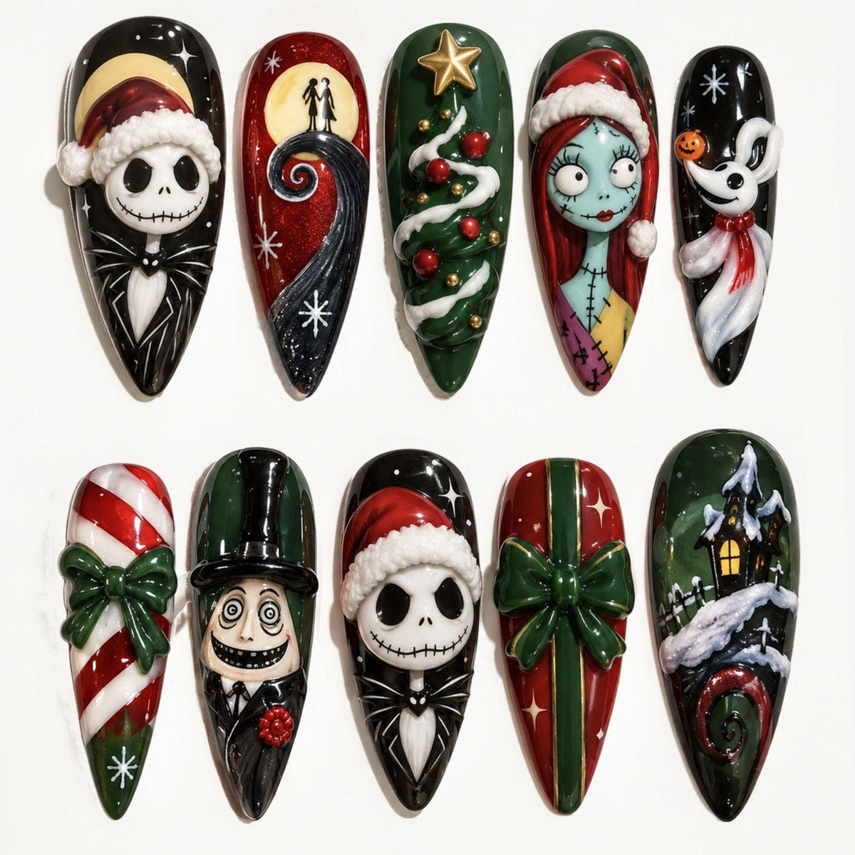 Gothic Christmas Nail Set With Sculpted Santa Hats, Bows and Holiday Scenes