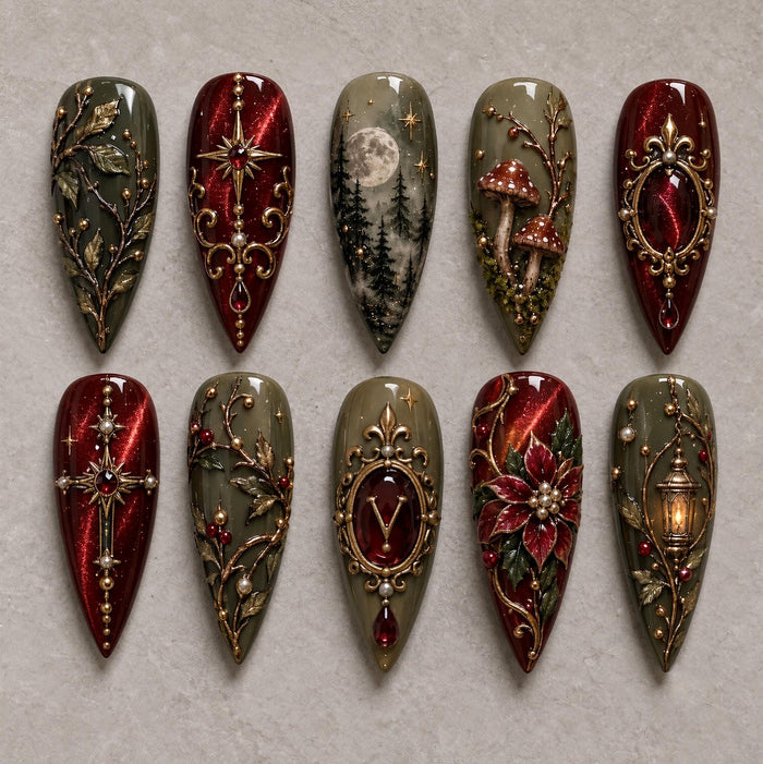 Gothic Christmas Press On Nails with Burgundy, Olive Green, Gold Filigree and 3D Poinsettia