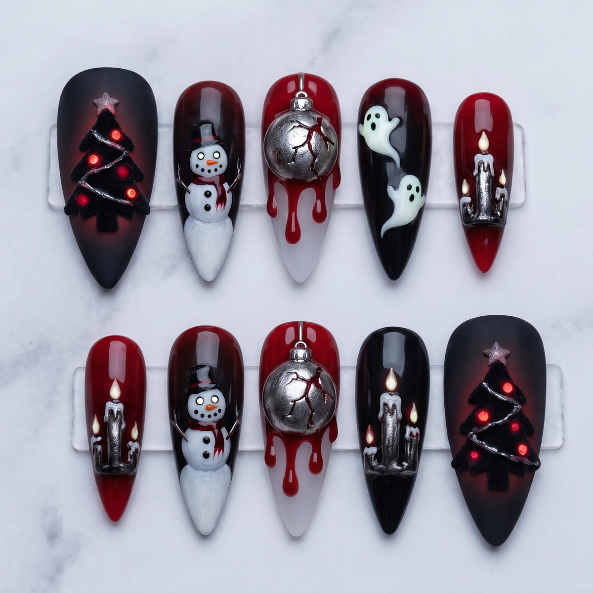 Gothic Christmas Press On Nails With 3D Snowmen, Ghosts and Blood-Drip Ornaments