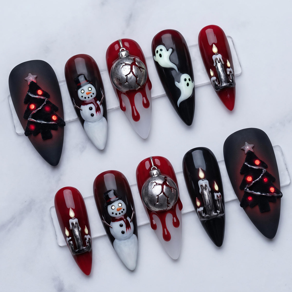 Gothic Christmas Press On Nails With 3D Snowmen, Ghosts and Blood-Drip Ornaments