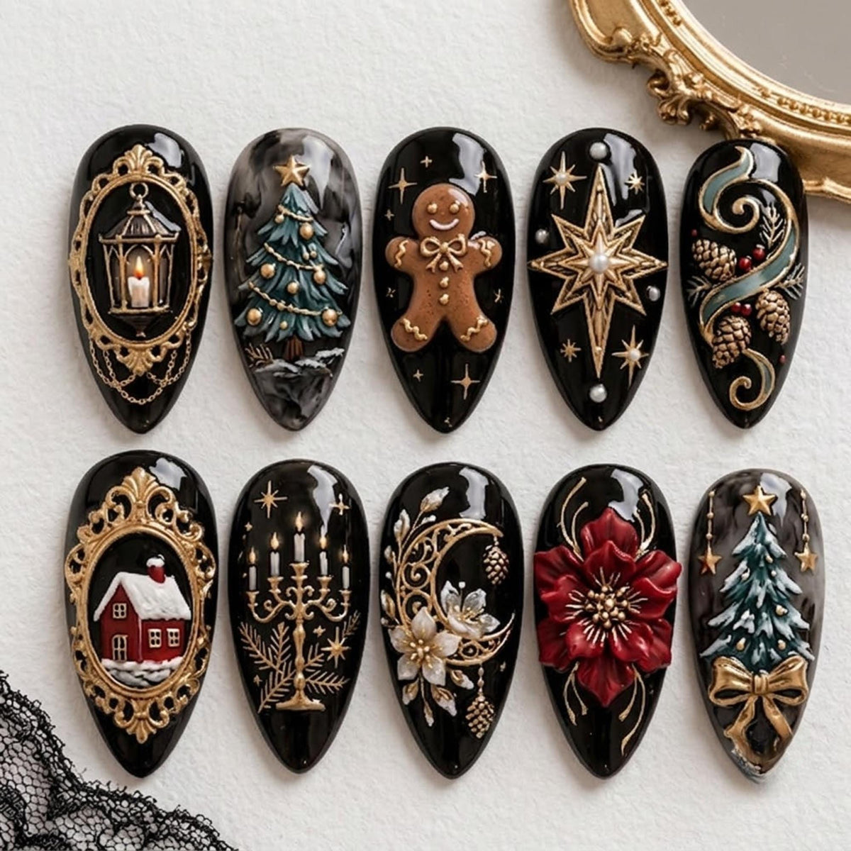 Gothic Christmas Press On Nails with Gold Filigree, Gingerbread, Poinsettia and Holiday Motifs