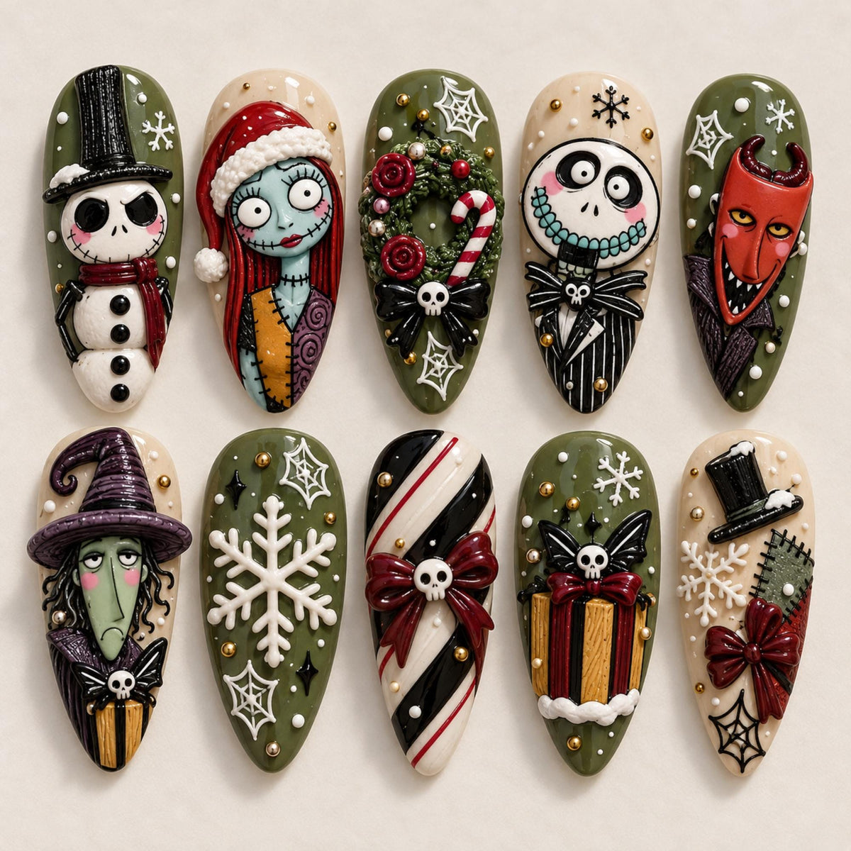 Gothic Christmas Press-On Nails With Skeletons, Snowflakes and 3D Details