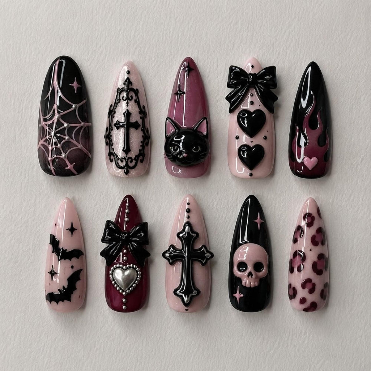 Gothic Coquette Press On Nails With Black Bows, Crosses, Bats and Cat Motifs