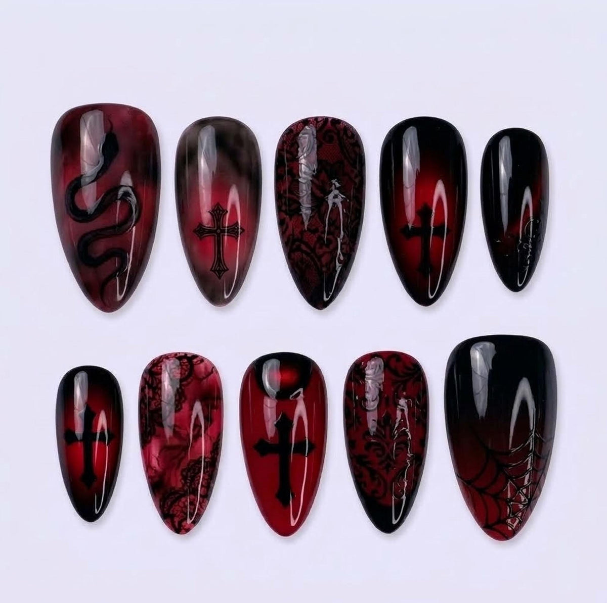 Gothic Crimson and Black Snake, Cross, Lace, and Spiderweb Nail Set