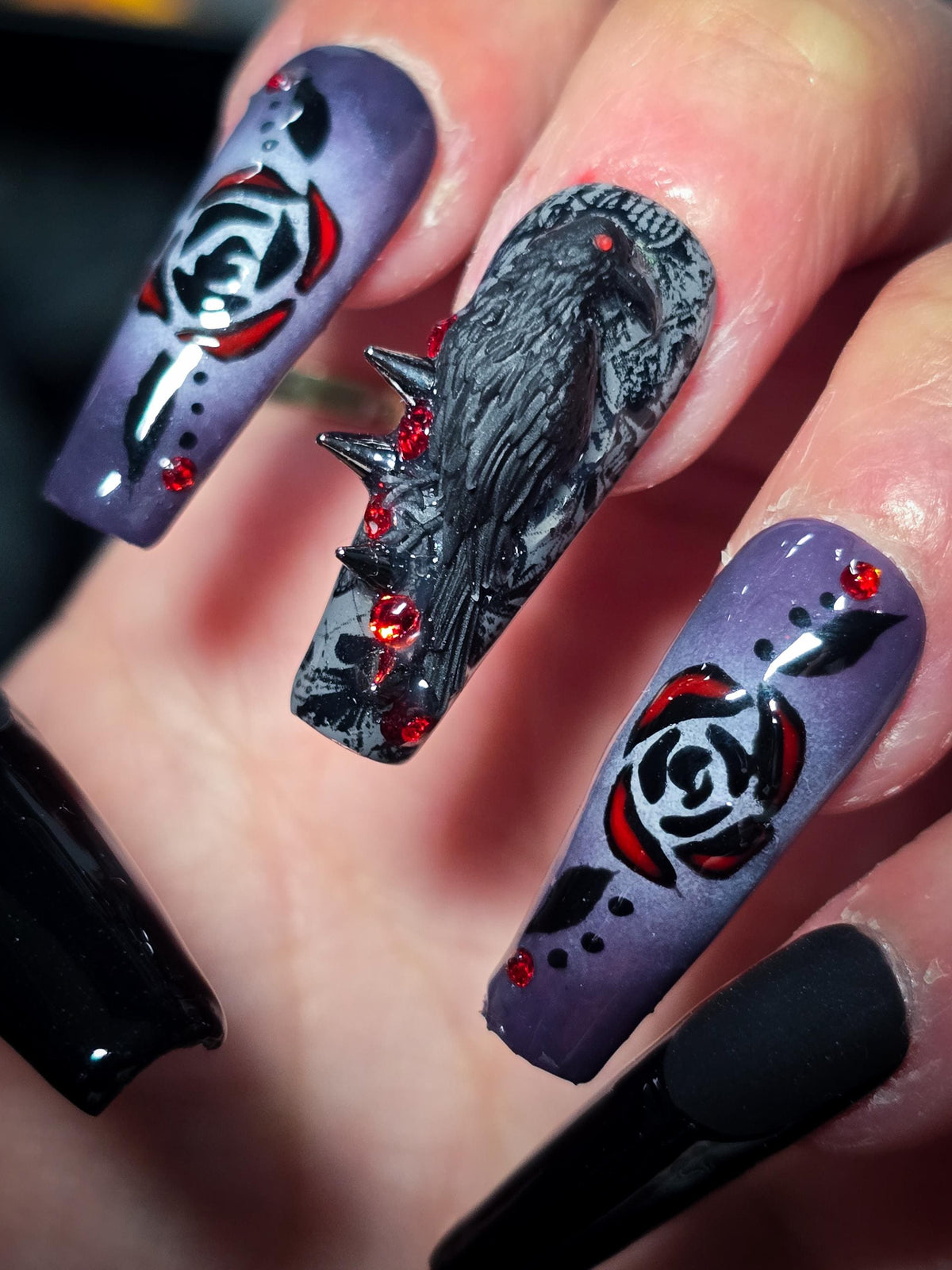 Gothic Crow and Rose Press On Nail Set in Black, Purple, and Red