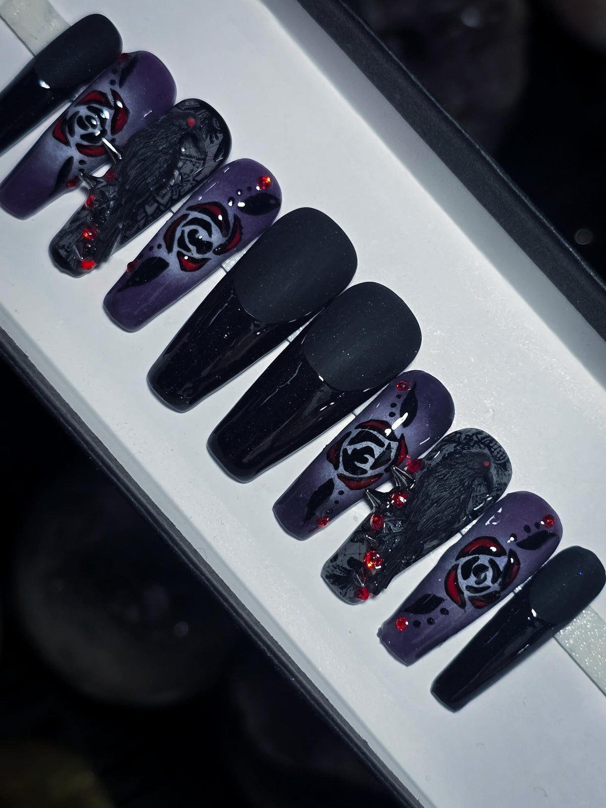 Gothic Crow and Rose Press On Nail Set in Black, Purple, and Red