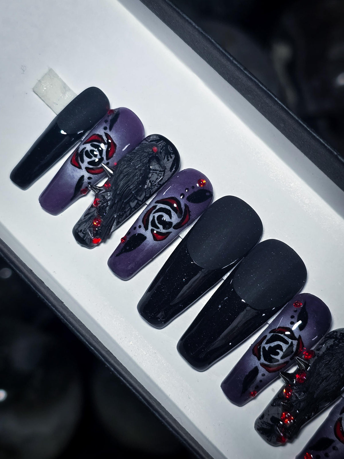 Gothic Crow and Rose Press On Nail Set in Black, Purple, and Red