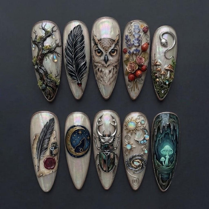 Gothic Forest Fantasy Press On Nail Set with Owl, Feathers, Mushrooms and Celestial Details
