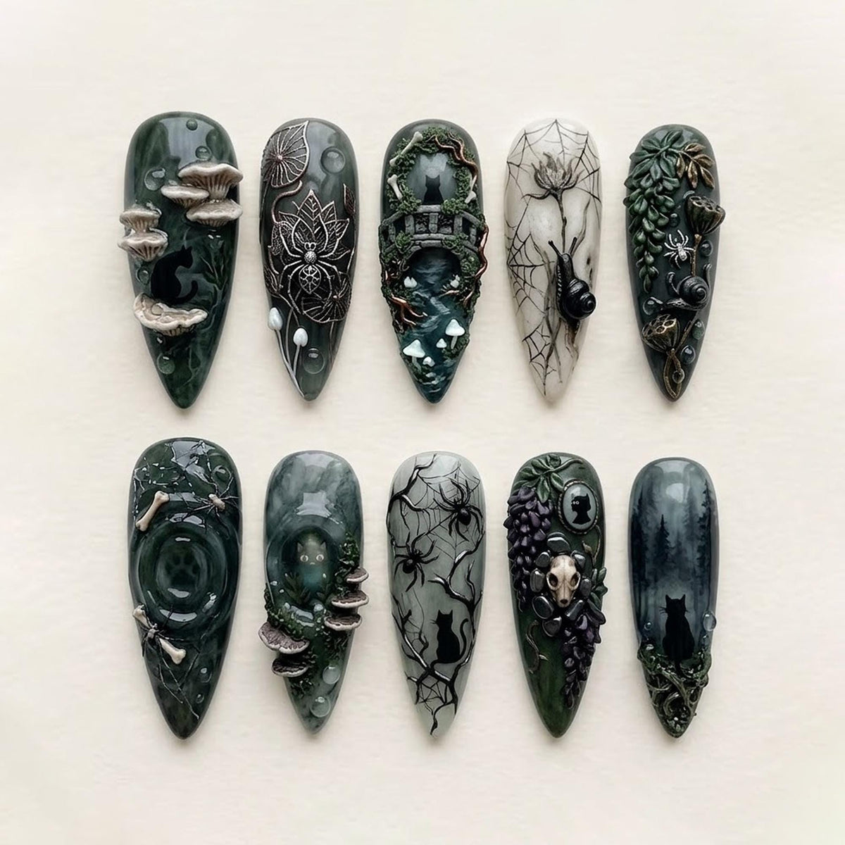 Gothic Forest Press On Nails With Mushrooms, Spiders, Webs, and a Black Cat