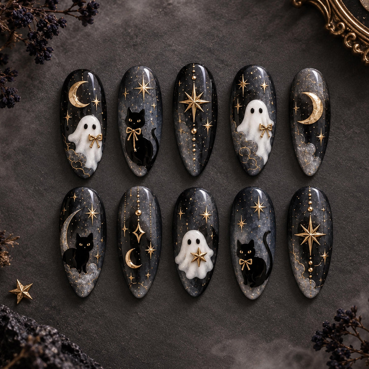 Gothic Ghost and Black Cat Halloween Celestial Press On Nails