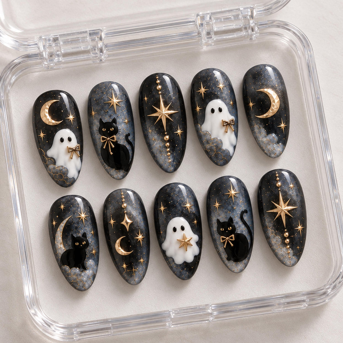 Gothic Ghost and Black Cat Halloween Celestial Press On Nails