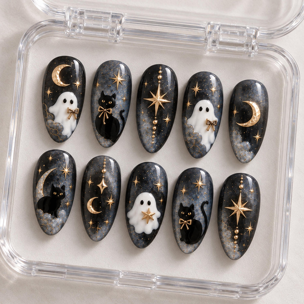 Gothic Ghost and Black Cat Halloween Celestial Press On Nails