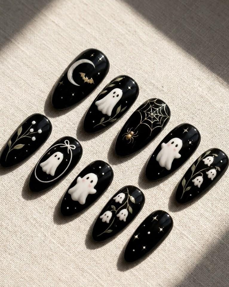 Gothic Ghost Halloween Press-On Nails with Celestial Details