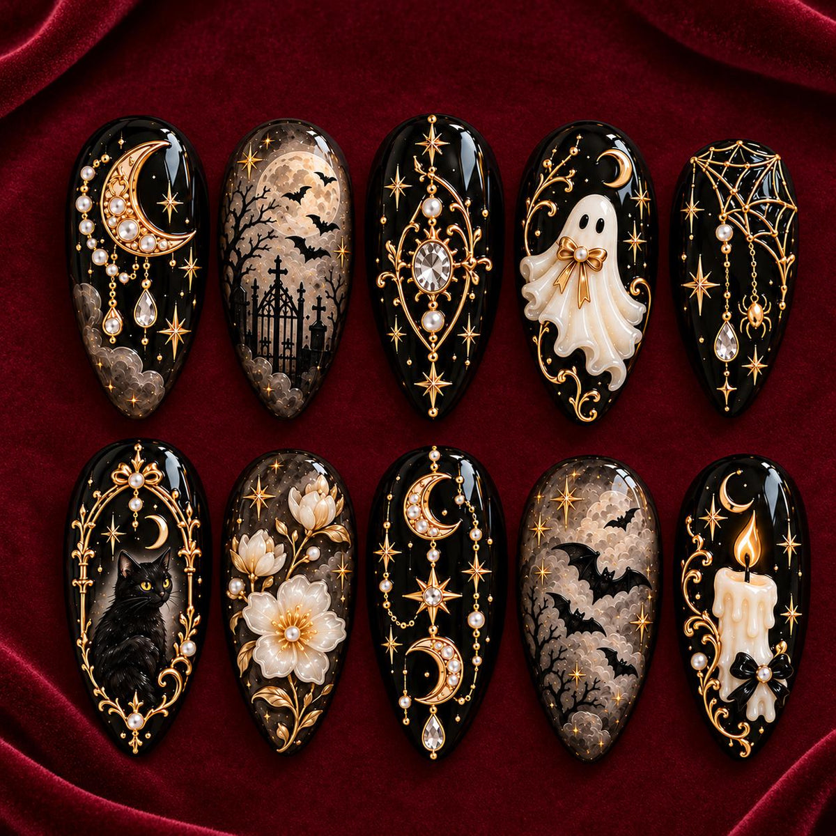Gothic Halloween Black and Gold Nails With Ghost, Moon, Bat and Pearl Details