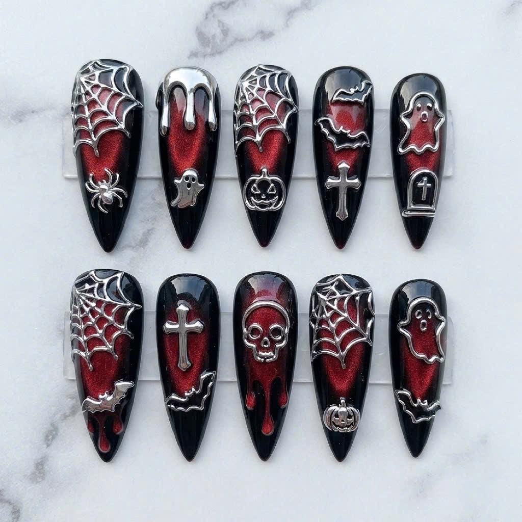 Gothic Halloween Cat Eye Nails with Raised Silver Spiderwebs and Spooky Charms