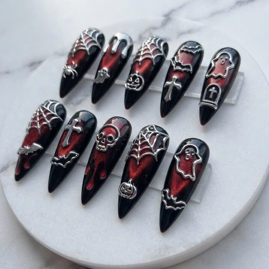 Gothic Halloween Cat Eye Nails with Raised Silver Spiderwebs and Spooky Charms