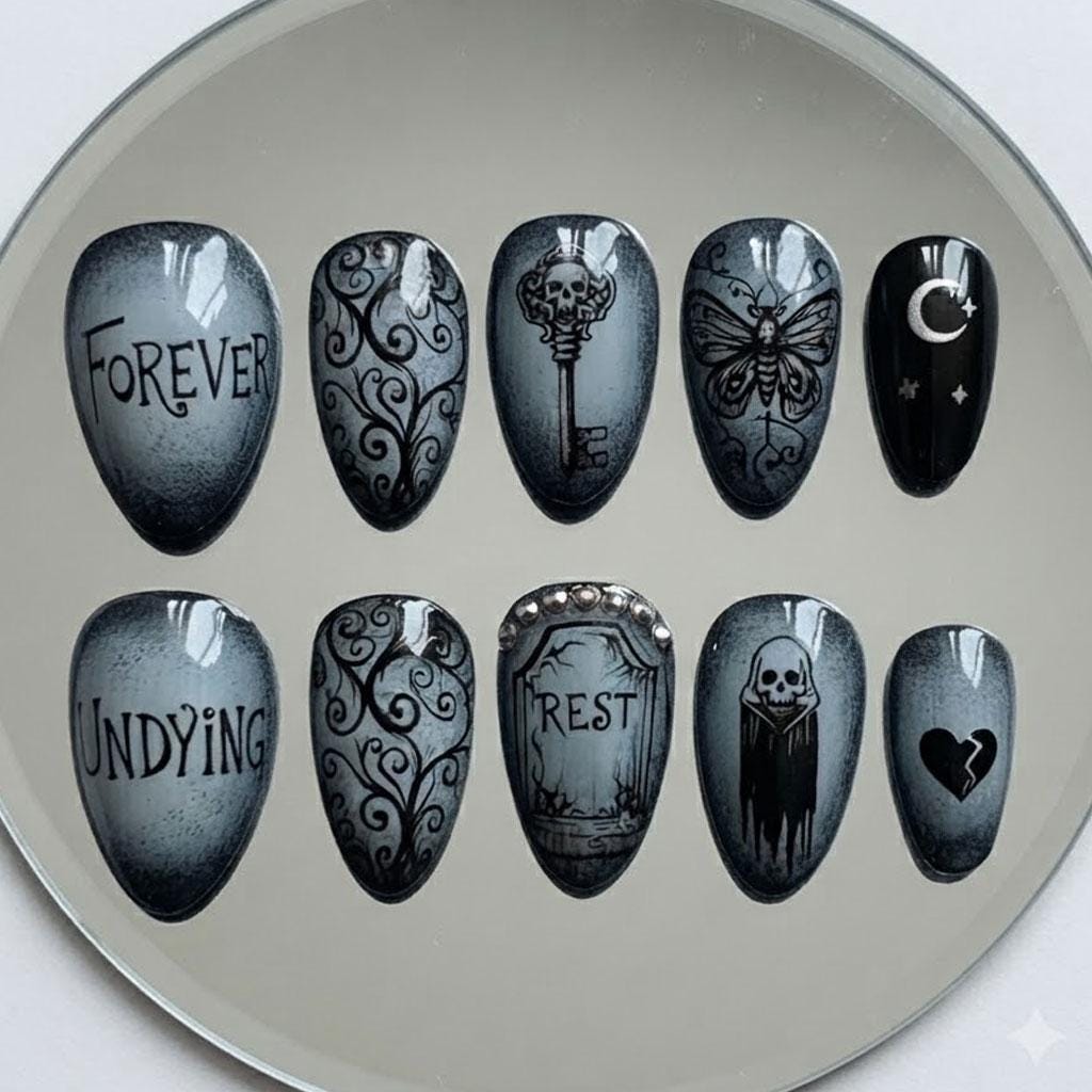 Gothic Halloween Graveyard Press-On Nails with Skull Key, Moth, Moon and Filigree