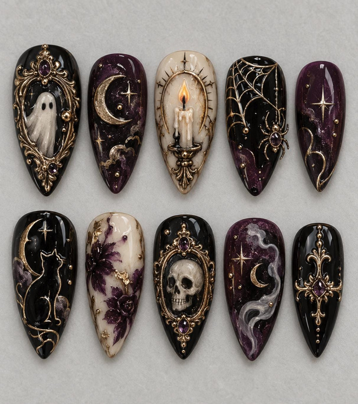 Gothic Halloween Nail Set with Ghost, Skull, Spiderweb and Antique Gold Details