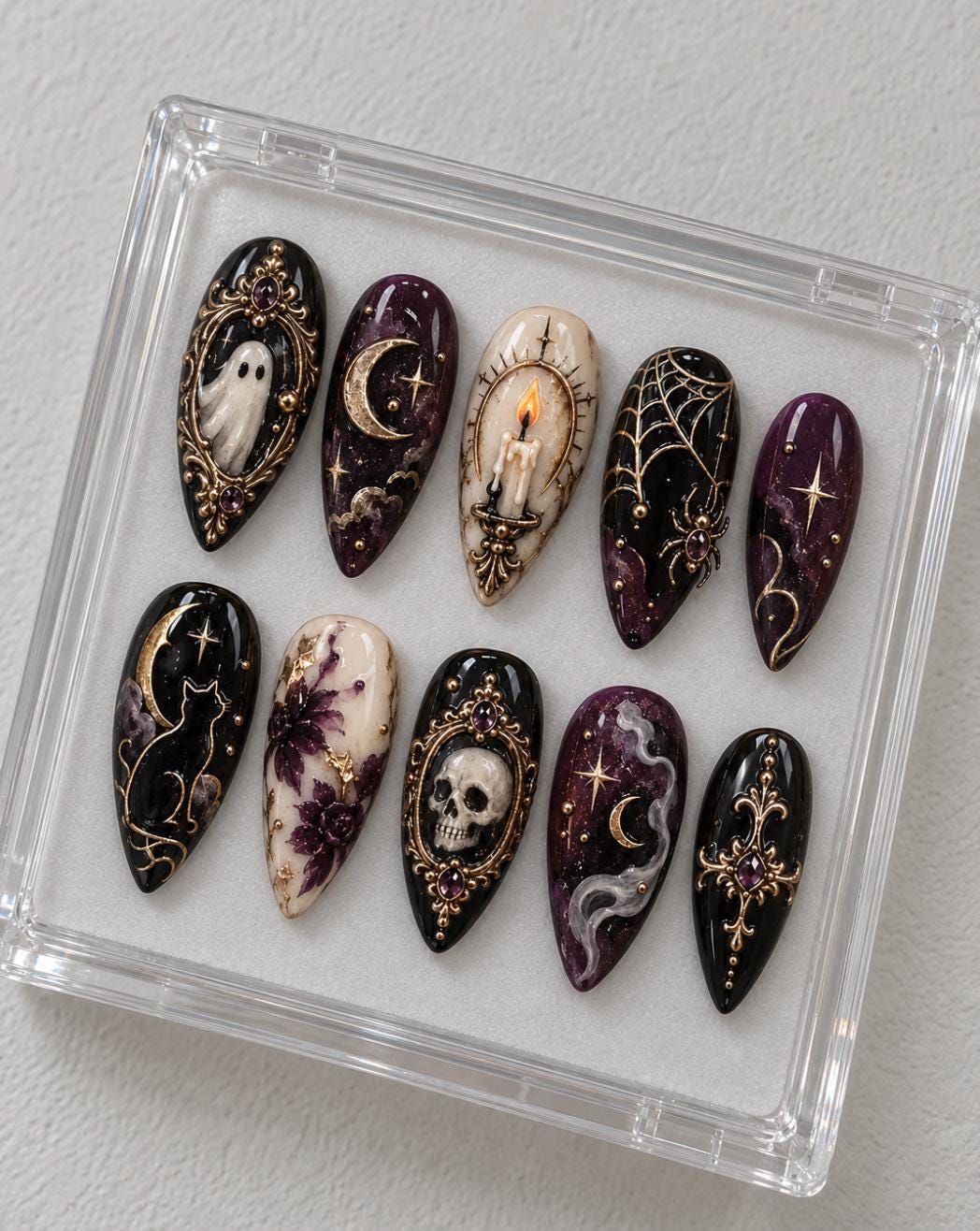 Gothic Halloween Nail Set with Ghost, Skull, Spiderweb and Antique Gold Details