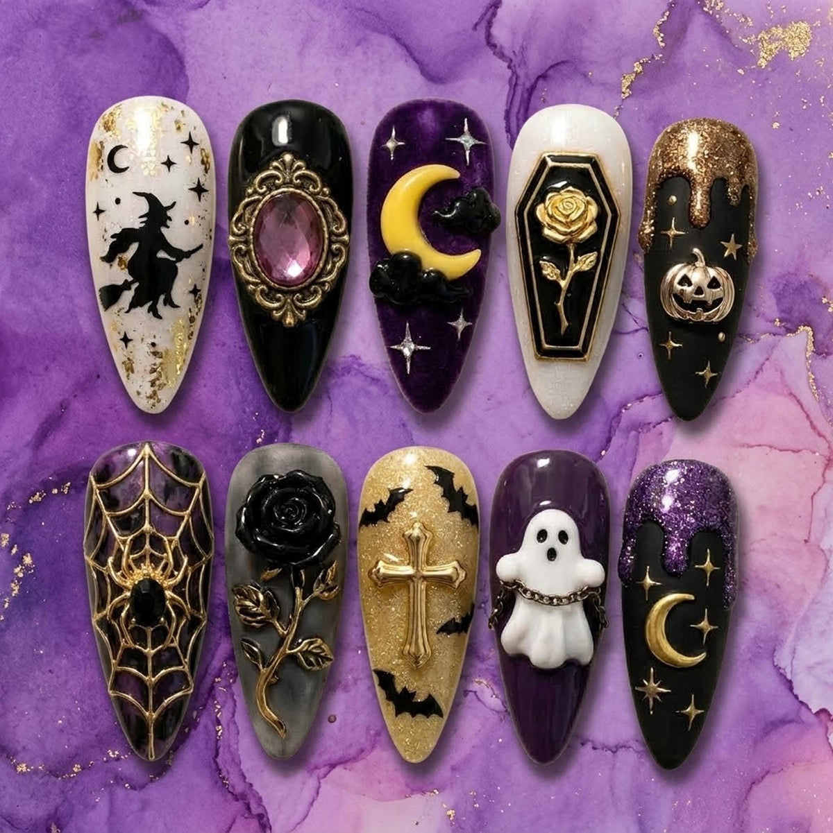 Gothic Halloween Nail Set With Purple, Black, Gold Glitter, Bats, Roses and Ghosts