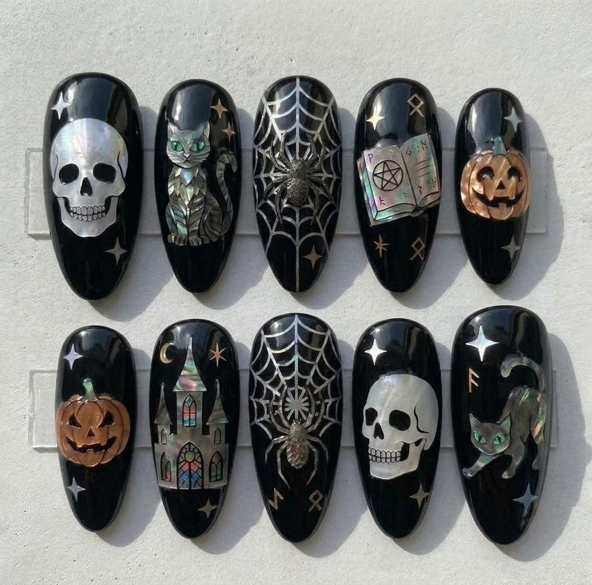 Gothic Halloween Nail Set with Silver Skulls, Green-Eyed Cats, Spiders and Pumpkins