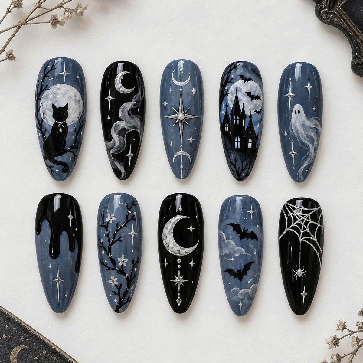 Gothic Halloween Nails with Black Cat, Haunted Castle, Ghosts and Moonlit Scenes