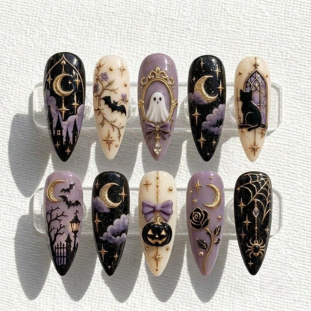 Gothic Halloween Nails With Ghost, Black Cat, Pumpkin and Gold Celestial Details