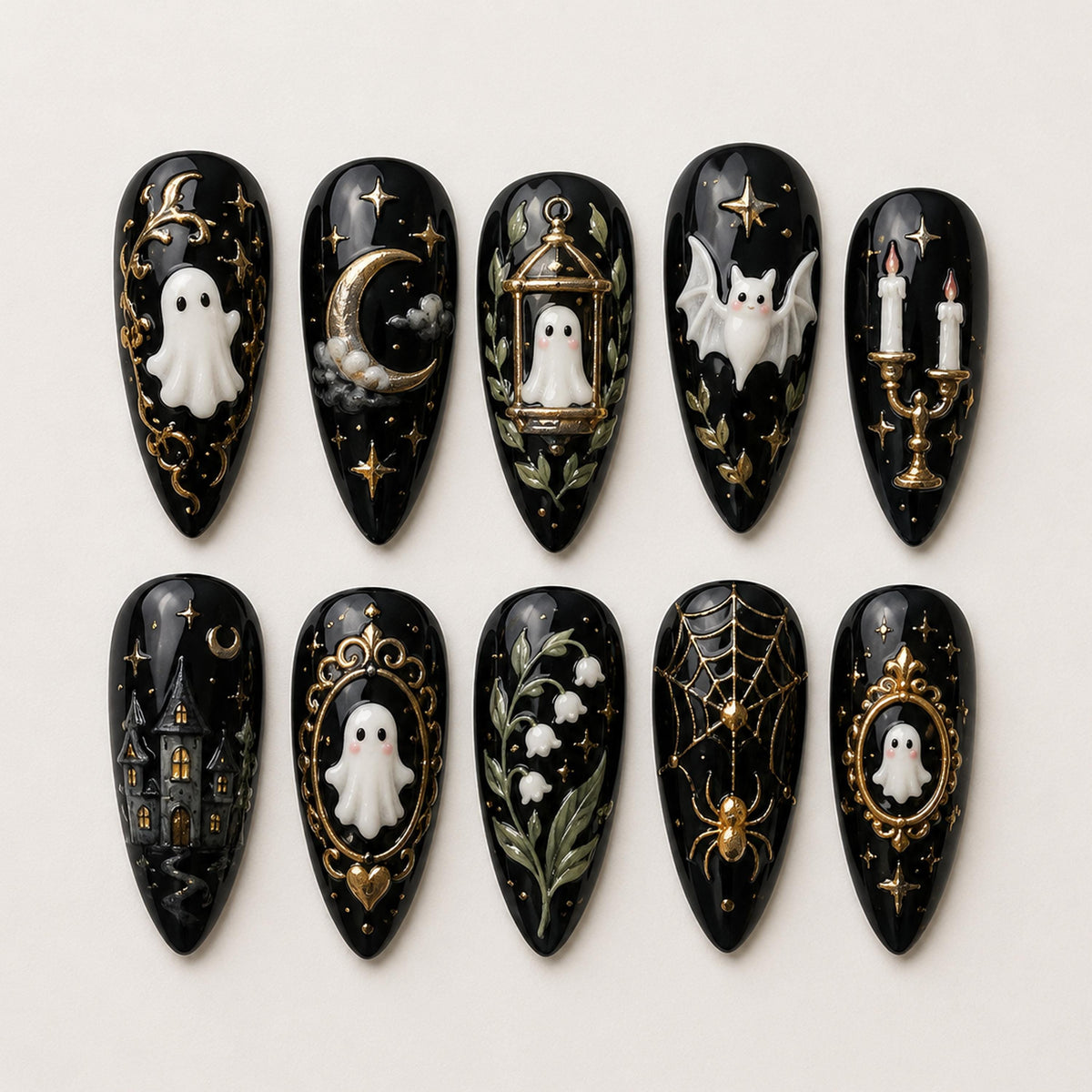 Gothic Halloween Nails with Ivory Ghosts, Gold Frames, Moons and Haunted House Details