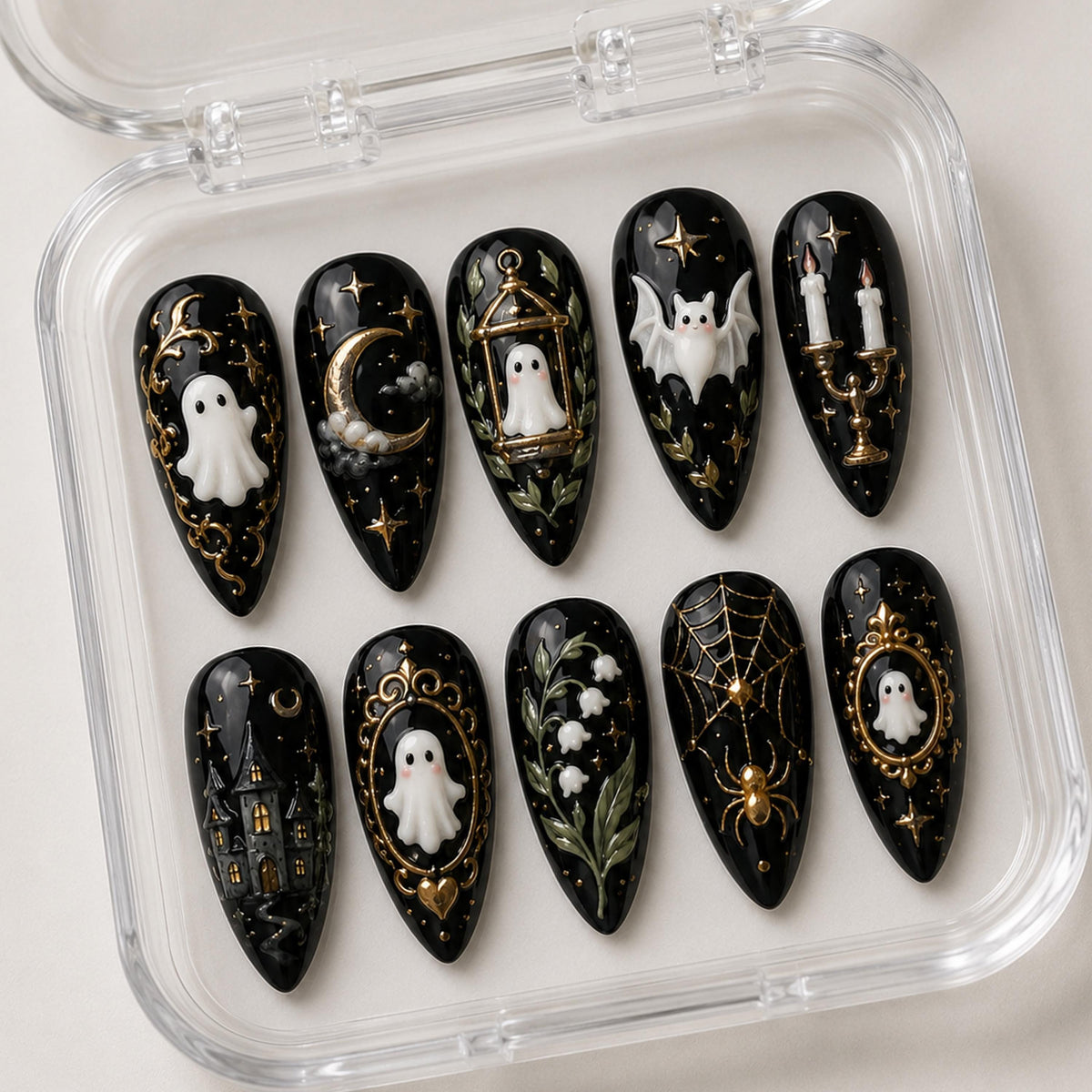 Gothic Halloween Nails with Ivory Ghosts, Gold Frames, Moons and Haunted House Details