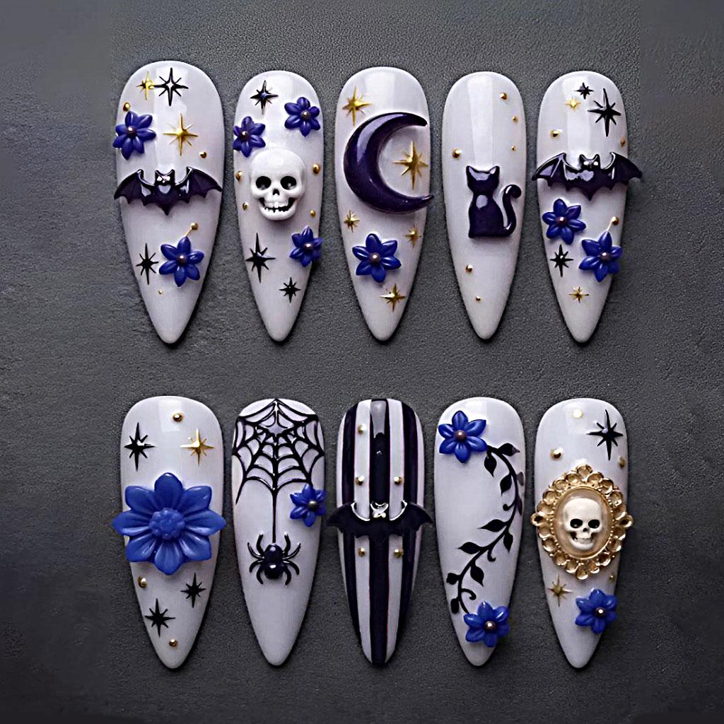 Gothic Halloween Nails With Purple Flowers, Bats, Cat, Skull, Moon and Spiderwebs