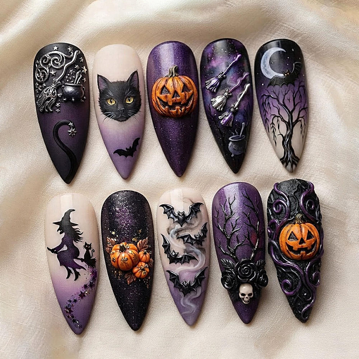 Gothic Halloween Press-On Nail Set With Black Cats, Pumpkins, Bats and Moon Art