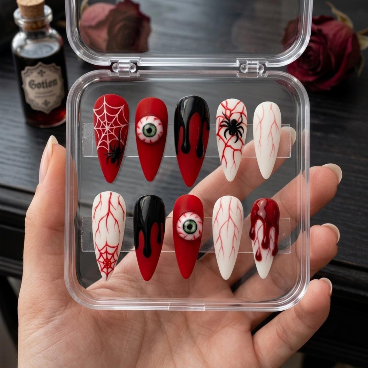 Gothic Halloween Press On Nails With 3D Eyeballs, Blood Drips, Spiders, and Webs