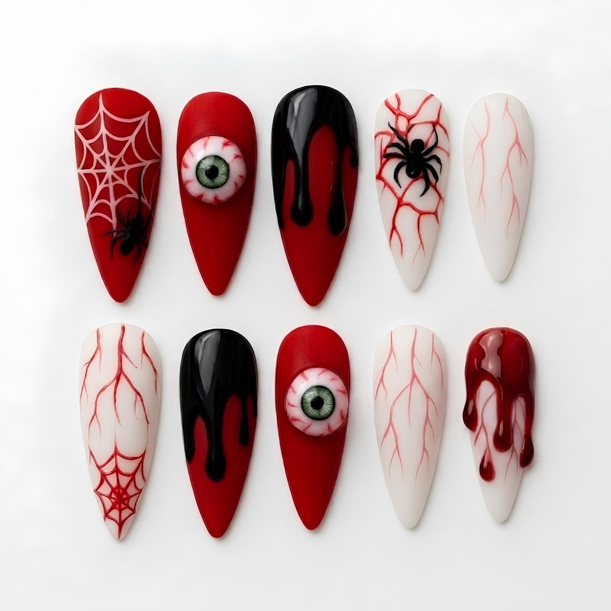 Gothic Halloween Press On Nails With 3D Eyeballs, Blood Drips, Spiders, and Webs