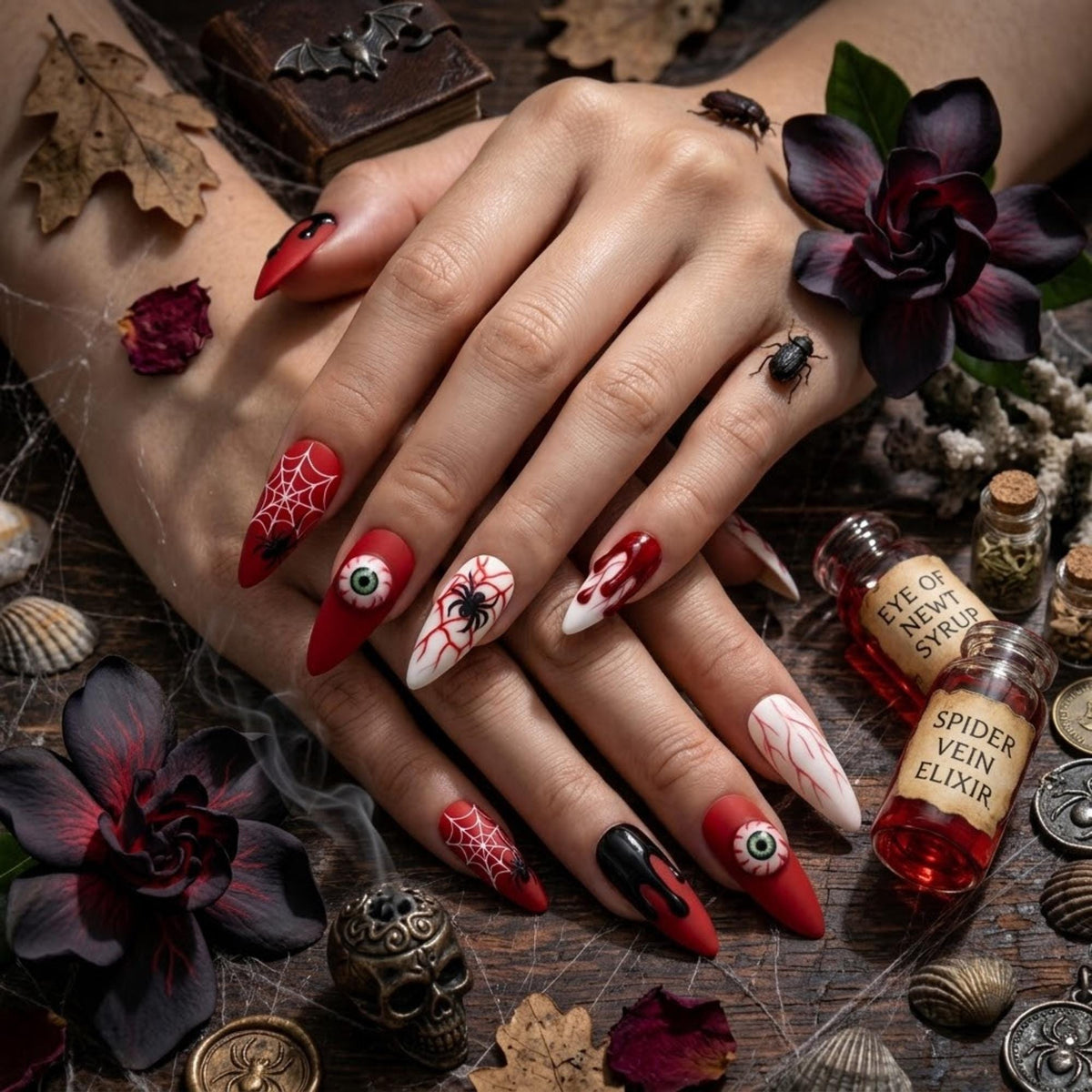 Gothic Halloween Press On Nails With 3D Eyeballs, Blood Drips, Spiders, and Webs