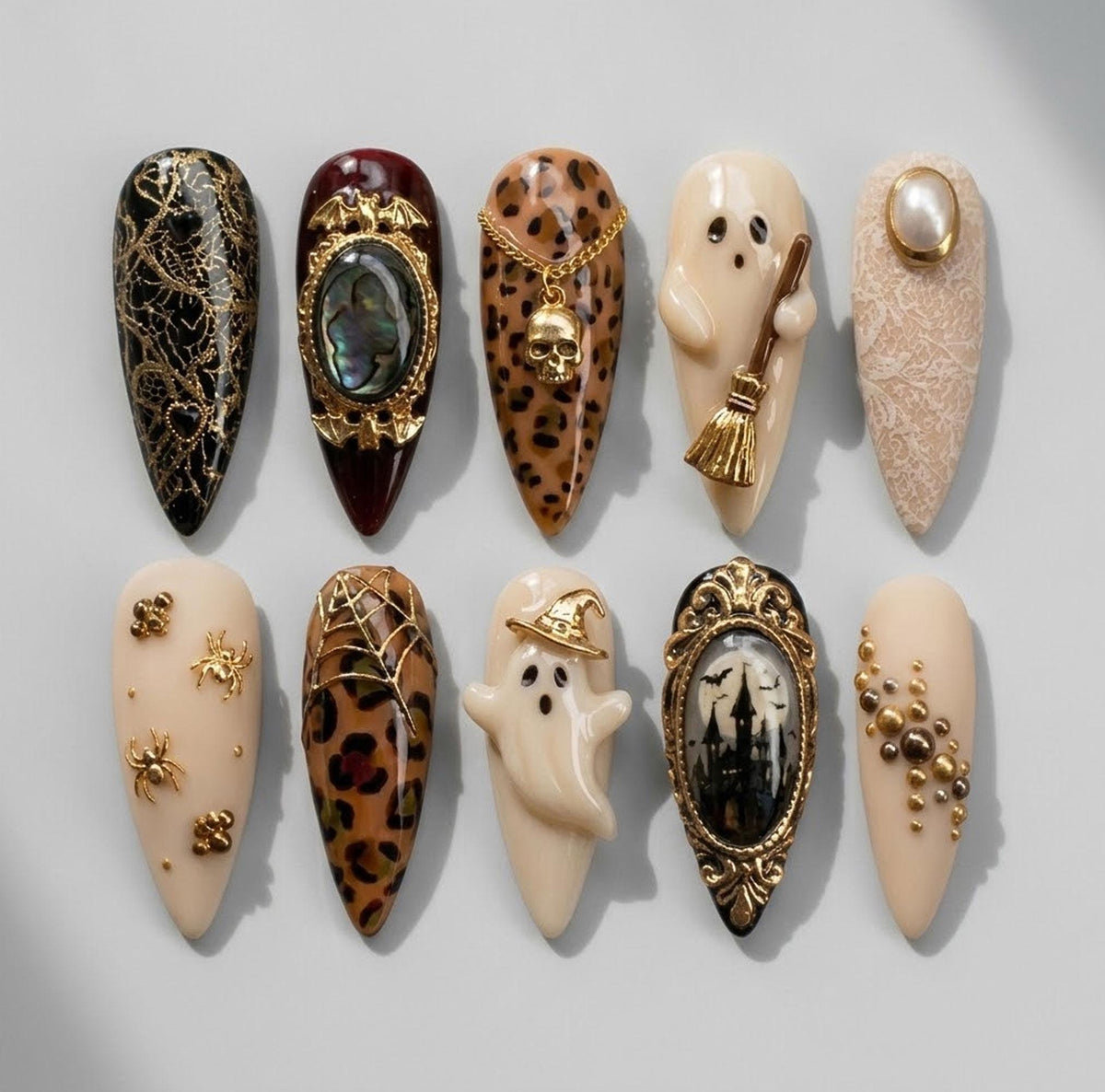 Gothic Halloween Press-On Nails With 3D Ghosts, Gold Details, and Tortoiseshell