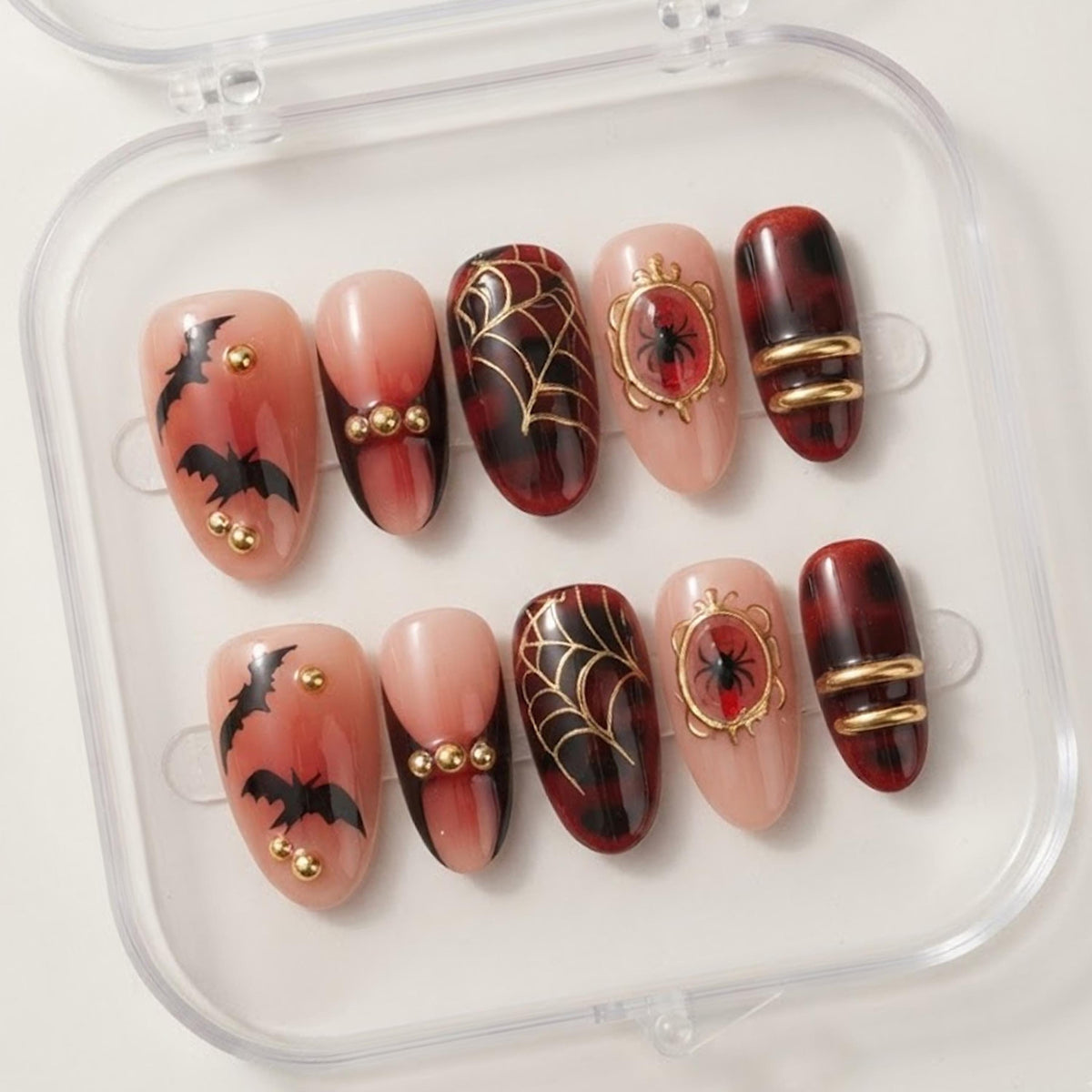 Gothic Halloween Press-On Nails with Bats, Spiders and Gold Webs