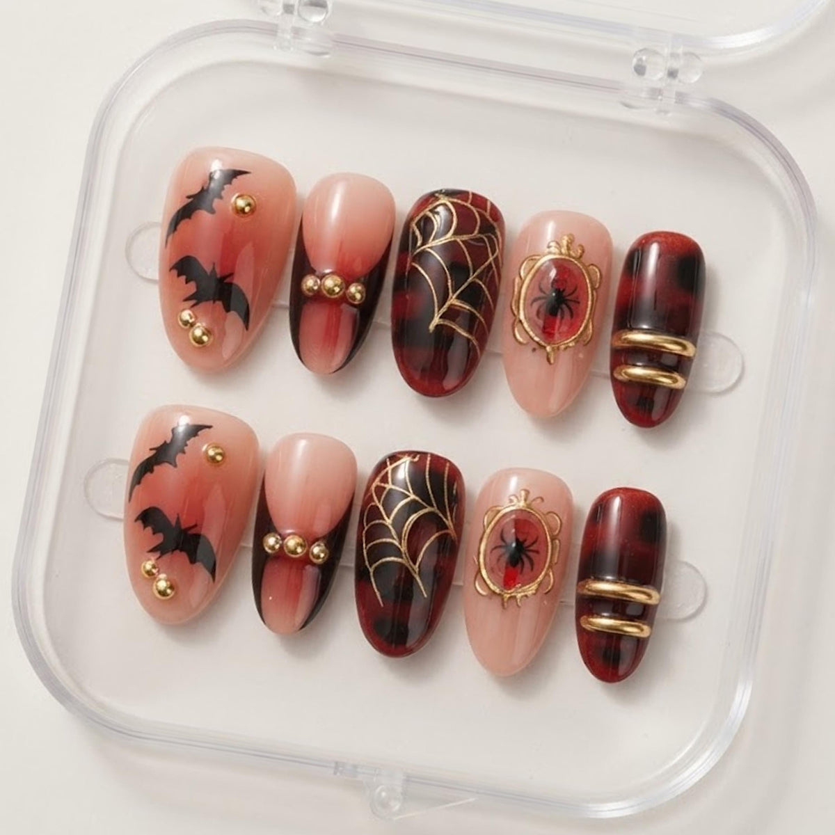 Gothic Halloween Press-On Nails with Bats, Spiders and Gold Webs