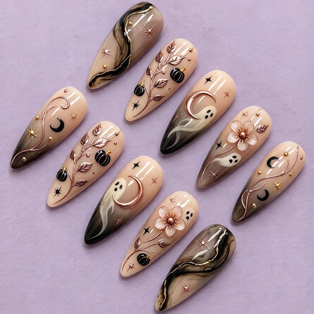 Gothic Halloween Press-On Nails with Ghosts, Black Pumpkins, Rose-Gold Vines and Raised Flowers