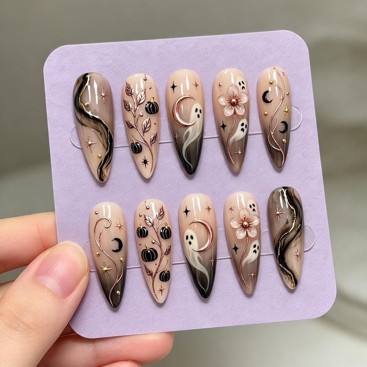 Gothic Halloween Press-On Nails with Ghosts, Black Pumpkins, Rose-Gold Vines and Raised Flowers